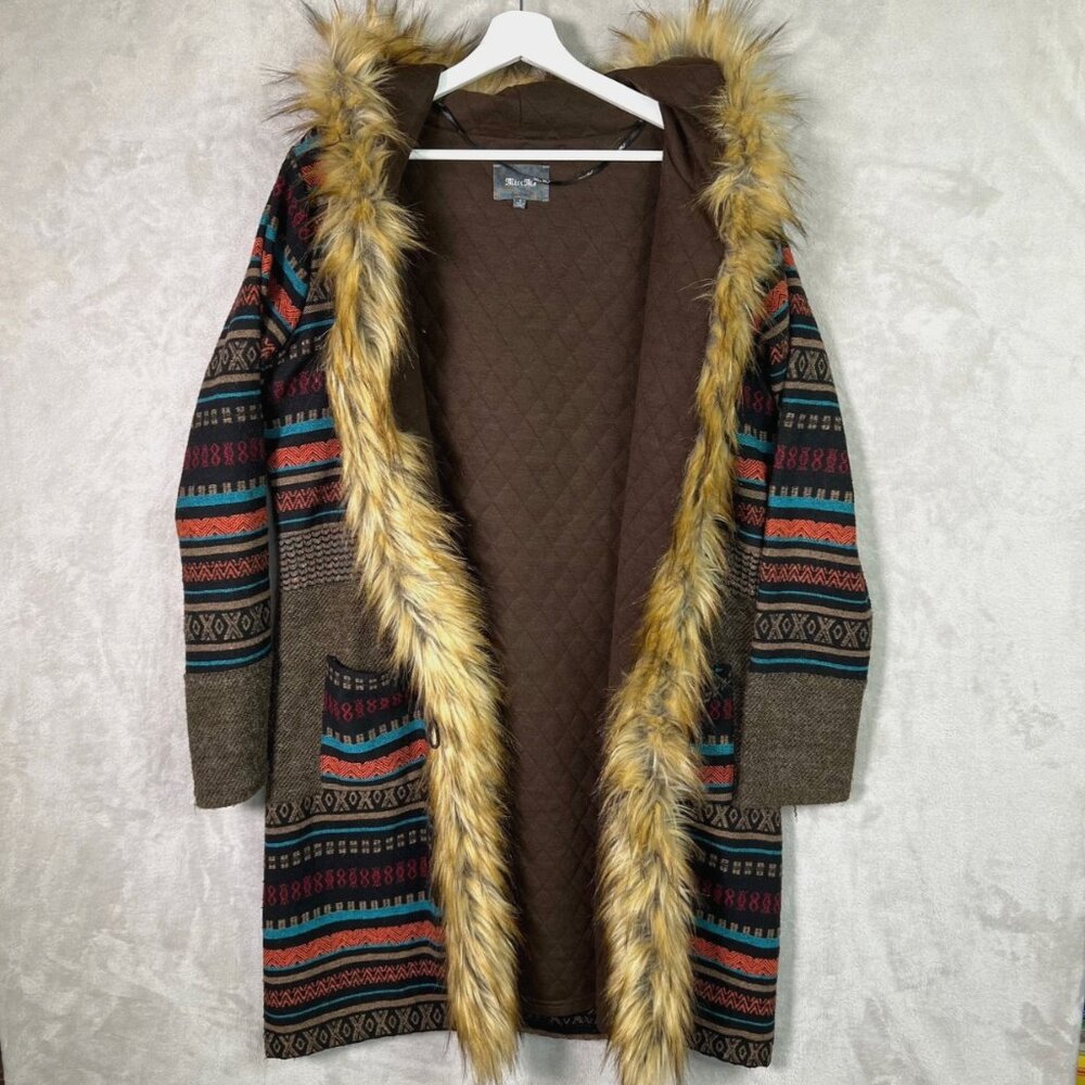 Miss Me Brown Faux Fur Trim Southwestern Toggle L Coat Quilt Lined Wool Blend - Picture 2 of 9
